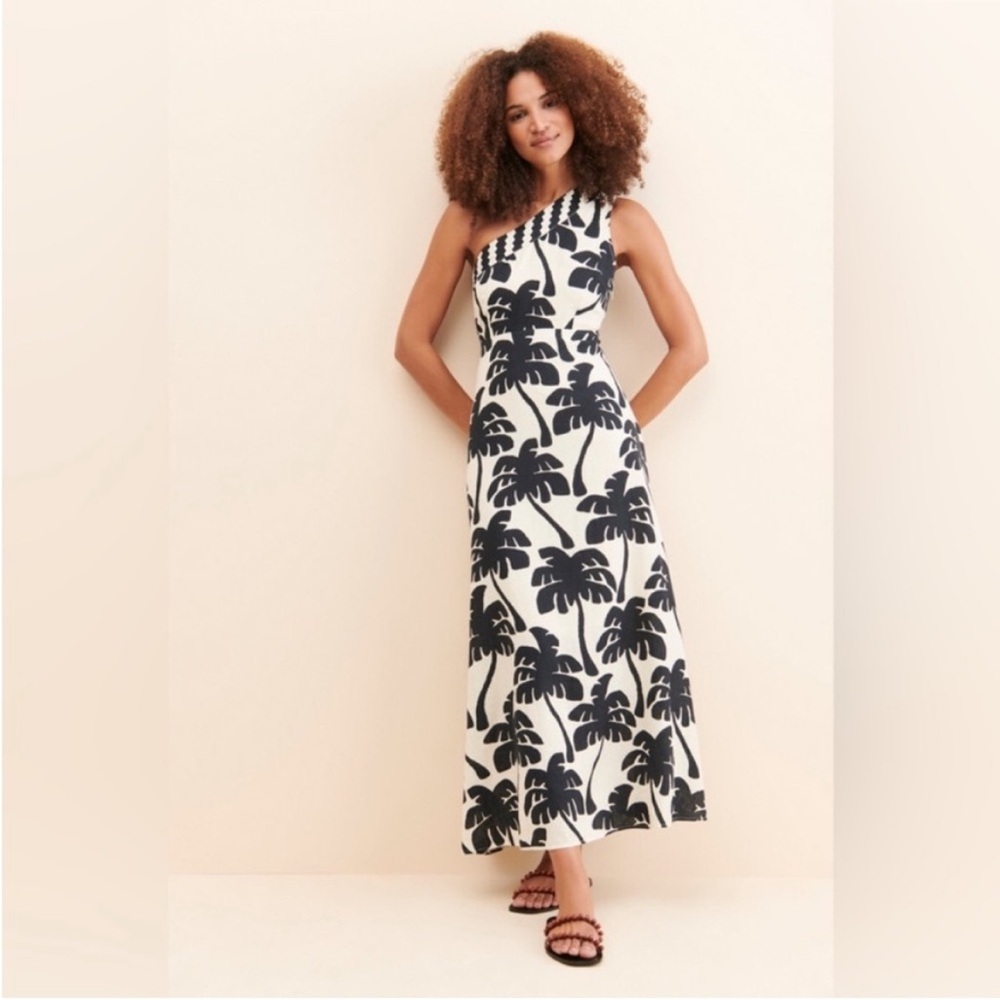 Farm Rio Black and White Palm Print One-Shoulder Dress